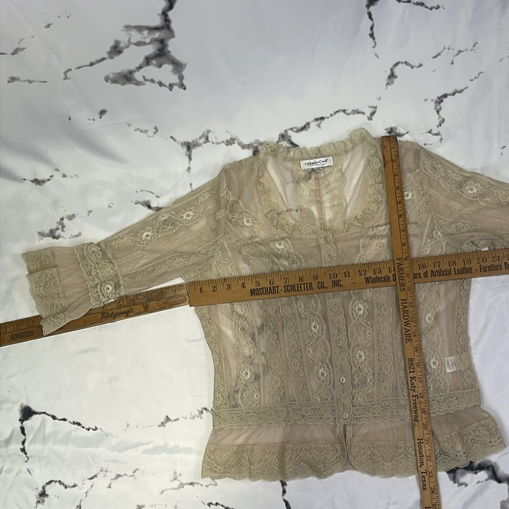 Coldwater Creek Cream Lace Blouse Button-Up Sheer 3/4 Flutter Sleeve Victorian - Picture 12 of 13